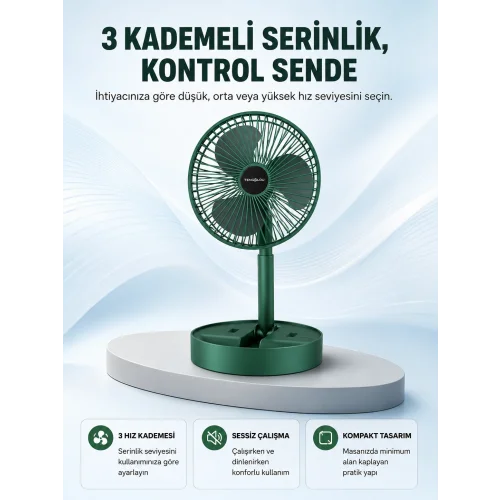 Mey İthalat® Taşınabilir Katlanabilir Mini Fan 3 Kademeli Şarj Edilebilir