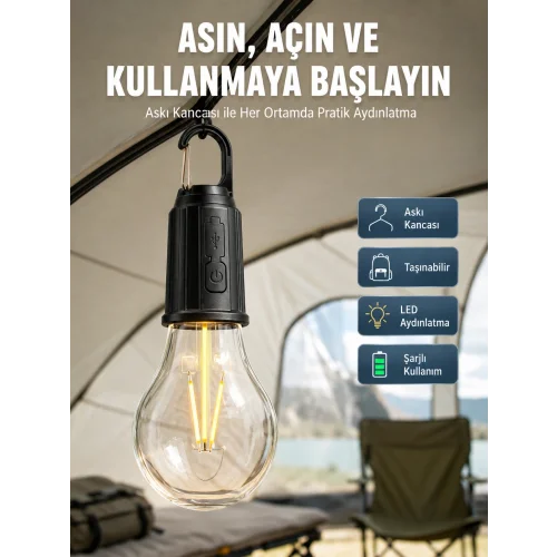 Mey İthalat® Taşınabilir Şarjlı Led Ampul Askılı Lamba Kamp Bahçe Lambası