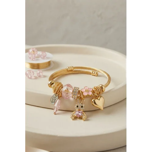 Mey İthalat® Tavşan Model Gold Renk Pembe Charmlı Bileklik