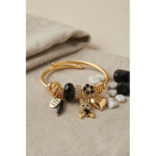 Mey İthalat® Tavşan Model Gold Renk Siyah Charmlı Bileklik