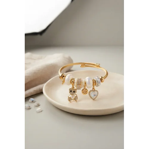 Mey İthalat® Tedy Bear Model Gold Renk Beyaz Charmlı Bileklik