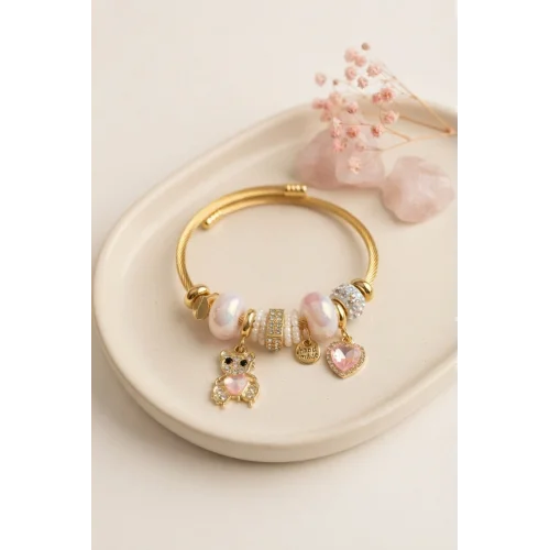 Mey İthalat® Tedy Bear Model Gold Renk Pembe Charmlı Bileklik