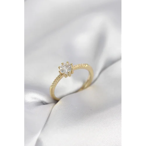 Mey İthalat® Tek Taş Model Gold Renk Zirkon Taşlı Kadın Yüzük