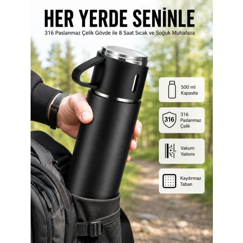 Mey İthalat® Termos Seti 3lü Bardak Seti Isı Dayanıklı Siyah Paslanmaz Çelik Vakumlu