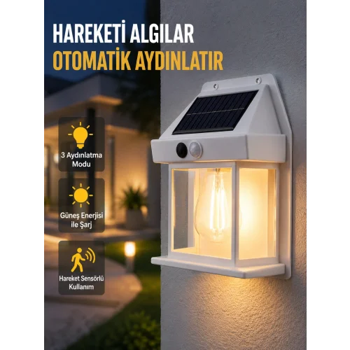 Mey İthalat® Üç Modlu Güneş Enerjili Duvar Lambası 1800mAh Bataryalı ve Hareket Sensörlü