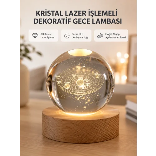 Mey İthalat® USB Bağlantılı Işıklı Kristal Küre Modern Ahşap Tabanlı Dekor