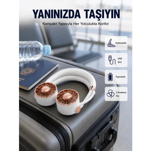 Mey İthalat® USB Şarjlı Katlanabilir Mini Boyun Fanı 1–3 Saat Kullanım