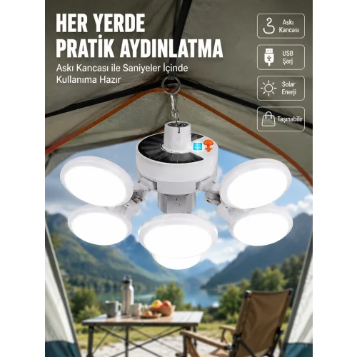 Mey İthalat® USB ve Solar Şarjlı Katlanabilir 5 Taraflı LED Lamba