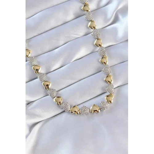 Mey İthalat® Vip Seri Pirinç Çift Renk Zirkon Taşlı Kalp Tasarımlı Kolye