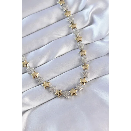 Mey İthalat® Vip Seri Pirinç Çift Renk Zirkon Taşlı Yıldız Tasarımlı Kolye