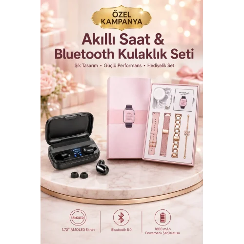 Mey İthalat® Wireless Şarjlı Pembe Akıllı Saat ve Kablosuz Bluetooth Kulaklık Dokunmatik Kontrol