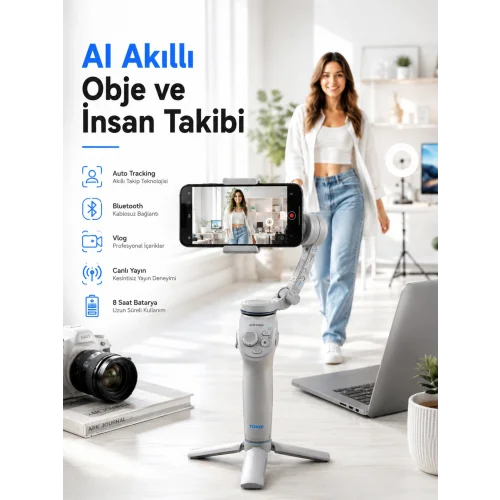 Mey İthalat® Yapay Zeka Takipli Telefon Gimbali Katlanabilir Tripod Bluetooth Kontrollü Dahili LED Işıklı