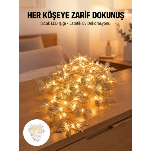 Mey İthalat® Yaprak Şekilli Gümüş LED Işık Pilli Dekoratif Aydınlatma