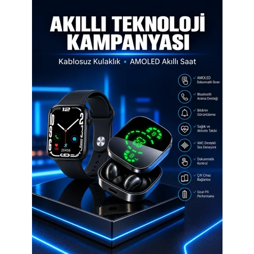 Mey İthalat® Yeni Nesil Akıllı Saat ve Ucuz Kaliteli Bluetooth Kablosuz Kulaklık Amoled Ekran