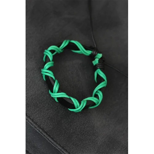 Mey İthalat® Yeşil İpli Siyah Renk Deri Erkek Bileklik