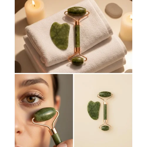 Mey İthalat® Yeşim Taşı Yüz Bakım Seti Çift Başlıklı Roller ve Gua Sha