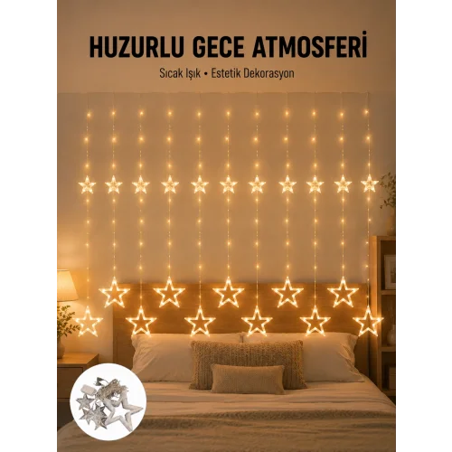 Mey İthalat® Yıldız Desenli Perde Tipi Peri Led 3x3 Metre Aydınlatma Yeni Nesil