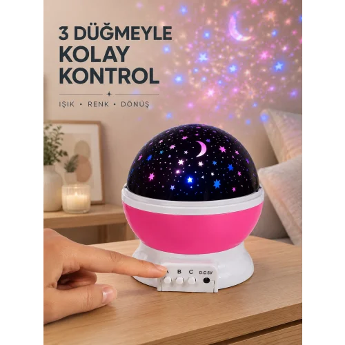 Mey İthalat® Yıldızlı Projeksiyon Gece Lambası Pembe Dekoratif Oda Aydınlatması