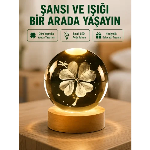 Mey İthalat® Yonca Figürlü Cam Küre USB Işıklı Ahşap Tabanlı Dekoratif Masa Lambası
