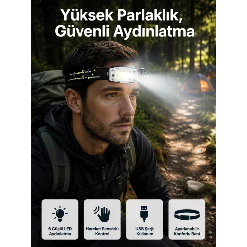 Mey İthalat® Yüksek Işıklı Şarjlı ve Sensörlü LED Kafa Lambası Kamp Lambası