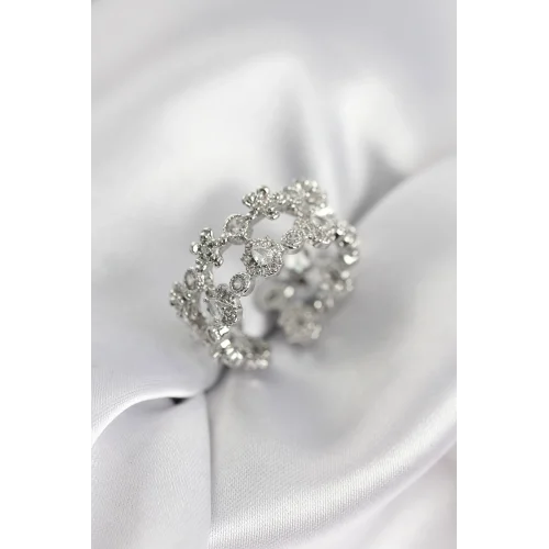Mey İthalat® Zirkon Taşlı 2li Model Gümüş Renk Kadın Yüzük