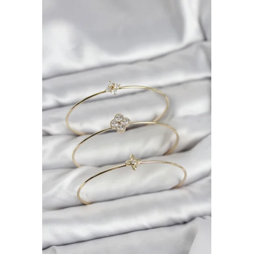 Mey İthalat® Zirkon Taşlı Gold Renk Yonca Tasarım 3lü Kadın Bileklik Kombini