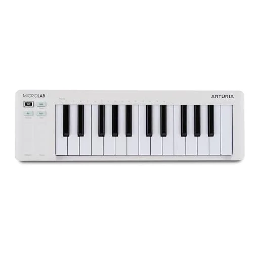 MicroLab MK3 - Kompakt 25 tuşlu hıza duyarlı MIDI denetleyici, iki dokunmatik şerit, akorlar modu, devam pedalı girişi, beyaz