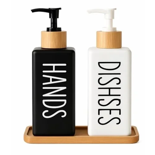 Minimalist Bambu Tepsili Siyah Beyaz Sabunluk ve Deterjan Dispenser Seti, Mutfak, Banyo ve Lavabo İçin Şık, Dayanıklı, Kaymaz Tabanlı, Geniş Ağızlı, Kolay Dolumlu Sıvı Sabunluk & Bulaşık Deterjan Şiş