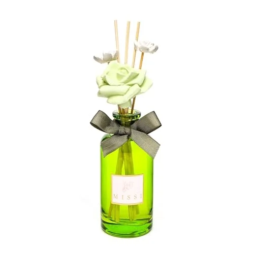 MİSSİ 180 ml Yeşil Cam Şişe Çiçek Bambu Çubuklu White Jasmin Oda Kokusu