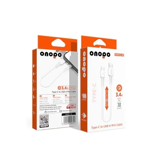 Onopo Android Uyumlu Type-C To USB Mini Kablo 3.4A Hızlı Şarj ve Data Kablosu 30cm - Q2 | 3.4A Hızlı Şarj | 480Mbps Veri Transferi | Kompakt Tasarım | 2 Yıl İthalatçı Garantisi