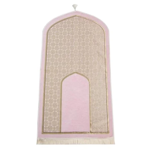 Oval Mihrap Desenli Püsküllü Lüks Şönil Seccade Pembe