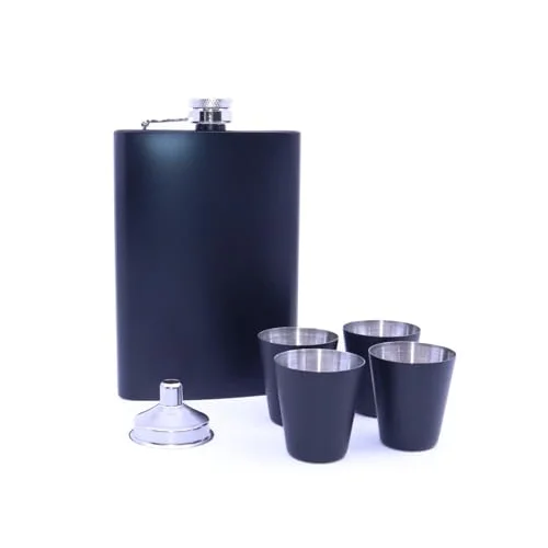 Paslanmaz Çelik Dört Shot Bardaklı Matara Seti - Mat Siyah