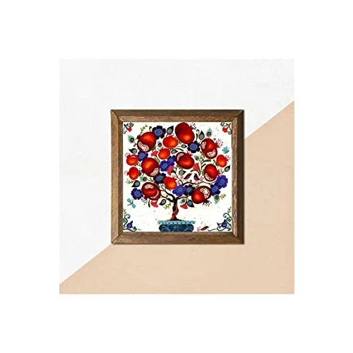 Pinecone Nar Ağacı Taş Duvar Tablosu Ahşap Çerçeveli Duvar Dekoru Wall Art 25x25cm W1-03