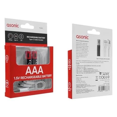 PL1400, AAA, Şarjlı Pil, 1.5VOLT, 400MAH/750MWH, Type-C Ile Kolay Şarj, 2 Li Paket