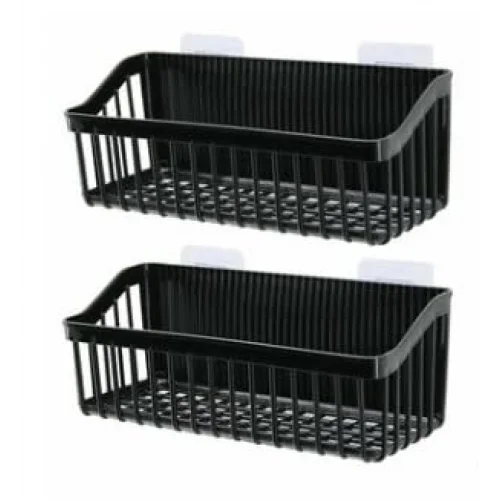 Plastik Banyo ve Mutfak Organizeri, Siyah, Yapışkan Askılıklı, Duvara Monte, 7x10x26 cm, 2li Set