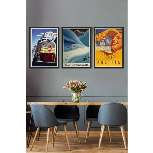 (pster14893) Vintage Kış 3 Parçalı Çerçeve Seti 50 x 70
