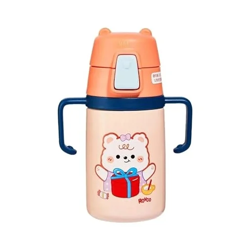 Rovco 400ml Silikon Pipetli Sevimli Ayıcıklı Boyun Askılı Bebek Kulplu Paslanmaz Çelik Termos (Turuncu)