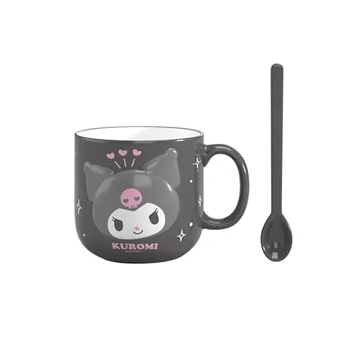 Sanrio Lisanslı Kabartmalı Seramik Kaşıklı Kupa (450mL)(Kuromi)