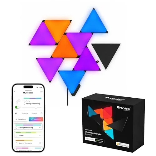 Shapes Ultra Siyah Üçgen Başlangıç ​​Seti, 9 Adet Akıllı RGBW Üçgen LED Panel – Modüler Wi-Fi Duvar Aydınlatması (16 Milyon Renk), Alexa, Google ve Apple ile Uyumlu