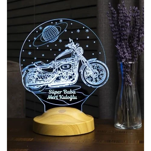 Süper Baba, Chopper Motosiklet, Motor Hayranı Babaya Hediye 3 Boyutlu, 3D Led Lamba