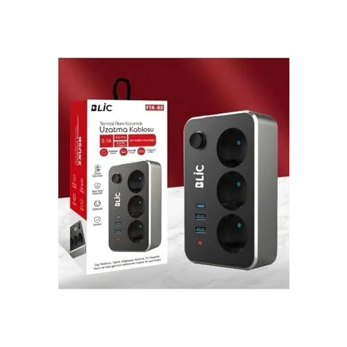 Termal Akım Korumalı 3lü Priz ve USB Şarj İstasyonu 2 USB, 1 Type-C