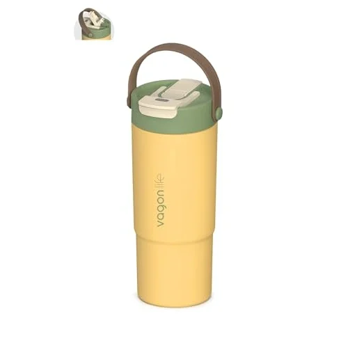 Tumbler Mug 660 ML Tek Kapak Çift Kullanım Pipetli Rahat İçim Kulplu Paslanmaz Çelik Termos 1102-660ML Sarı