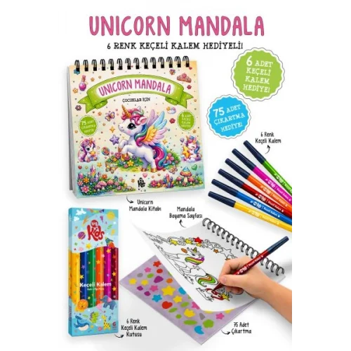 Unicorn Mandala - 6 Renk Keçeli Kalem ve 75 Adet Çıkartma Hediyeli 3+