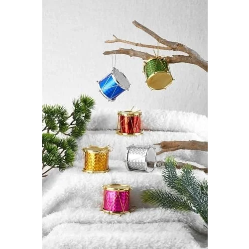 Yılbaşı New Year Çam Ağacı Mini Davul Süs12lı Çok Renkli Yılbaşı Ağacı Süsü