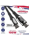 100W Type-C to Type-C Dijital LED Ekranlı Göstergeli Hızlı Şarj Kablosu E-Mark Çipli, Dayanıklı Örgülü, 1.2m, USB-C PD 3.0, iPhone 15 16,17 Xiaomi Telefon, Macbook Tablet ile Uyumlu