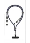2 in 2 USB-A, Type-C to Type-C, Lighting ile Uyumlu Boyun Askılı Turbo Şarj ve Data Kablosu Lacivert 1.5m MT2515L
