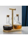 2li Bambu Stand ile Cam Yağdanlık ve Sirkelik Seti, Yemek Masası ve Sofralarınız İçin Bambu Standlı Şık Masa Üstü Yağ ve Sirke Şişeleri