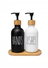 2’li Hands & Dishes Siyah Beyaz Cam Sabunluk Seti – Modern Minimalist Tasarım, 500 ml Kapasiteli, Bambu Standlı Dekoratif Mutfak & Banyo Sıvı Sabunluk Dispenser Seti