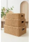 3lü Kapaklı Hasır Rattan Organizer Sepet - BB6065