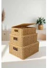 3lü Kapaklı Hasır Rattan Organizer Sepet - BB6065